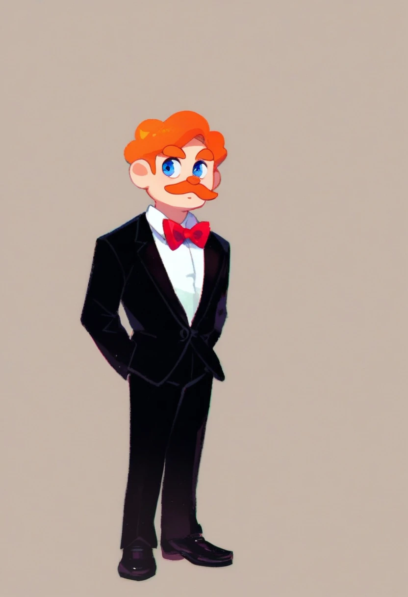 mr_goodman, solo, 1boy, standing, full body, Really tall, blue eyes, brownish orange mustache, brownish orange hair, thick eyebrows, red bowtie, white shirt underneath suit, black suit, black shoes