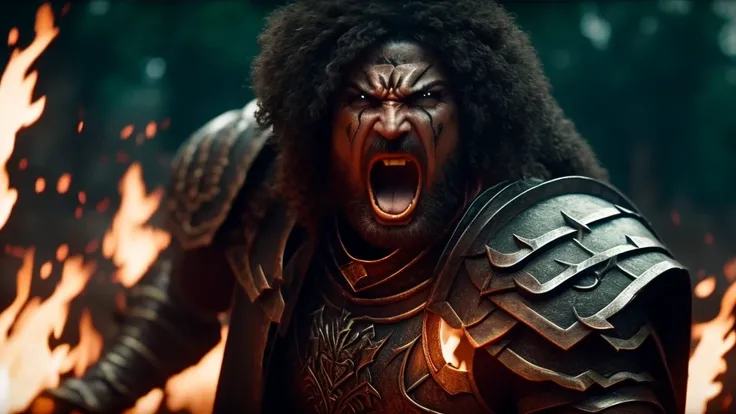 close up of a warrior screaming rpg style 4k cinemact flame trailer film