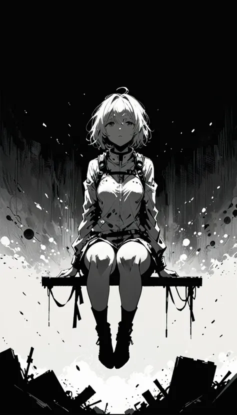 (Ashley Wood (Ashley Wood) style of:1.1), 
1 Girl,Spread your knees apart，Bring your feet together,100pcs?,large areas of white space,Black_background,minimalist background,sit,At the bottom of the screen,(look up:1.5),from the side,comics,