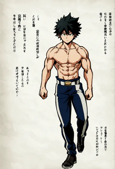 Caracter sheet, He is a 17 year old teenager, He has slightly disheveled very black hair..., somewhat light green eyes, (front angle ) , (full body), muscular body , He is dressed in the anime uniform. "my hero academia", without the shirt, just with pants...