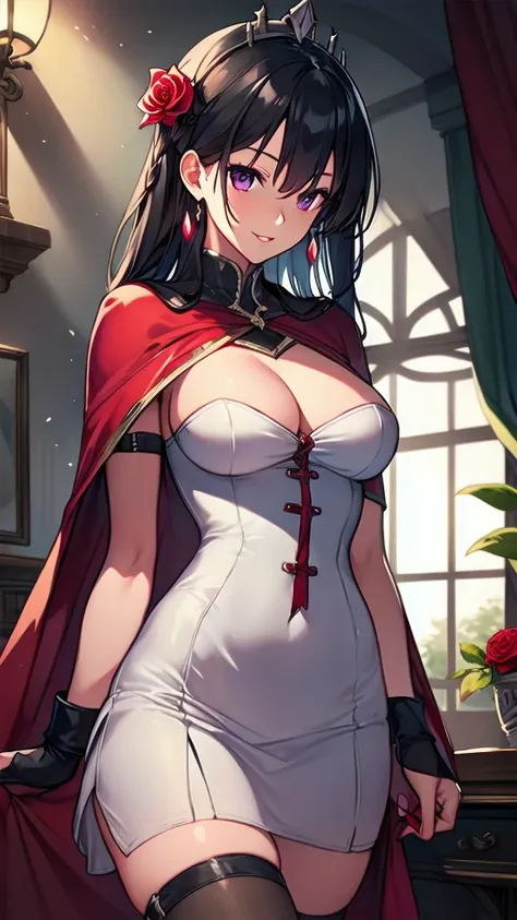 masterpiece, best quality, solo girl, black hair, purple eyes, long hair, medium breasts, sexy body and face, wavy hair, smile, parted lips, red lips, ribbon, crown of thorns, thorns, (red cape, dress flower), detached sleeves, hair flower, hair ornament, ...