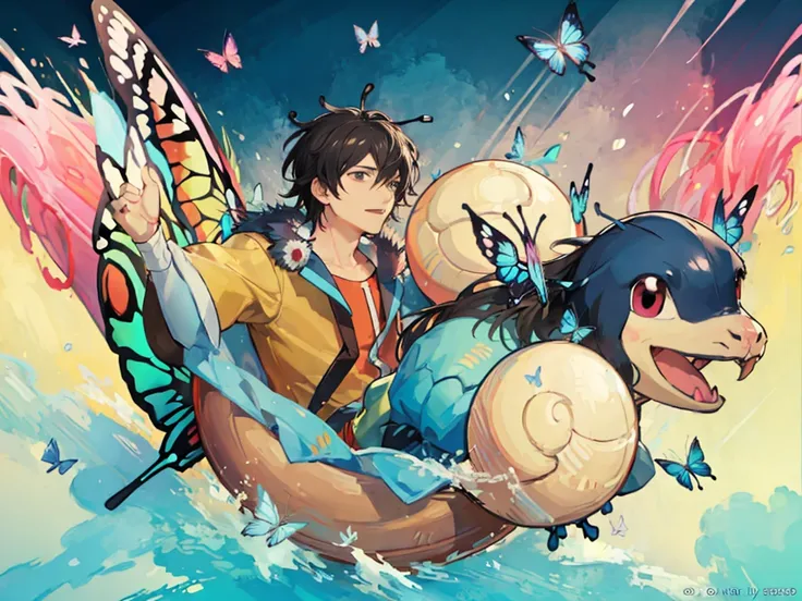 (best image quality), squirtle_pokemon, (very detailed),(manny colorful butterfly:1.3)