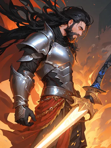 male, Warrior, Beard, Dark fantasy, Detailed black armor, Large sword