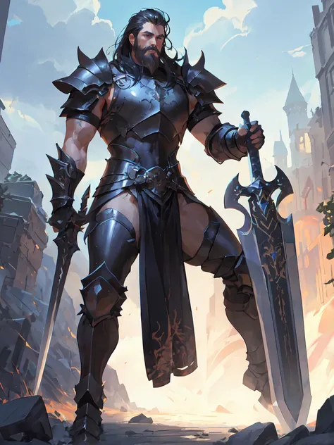 male, Warrior, Beard, Dark fantasy, Detailed black armor, Large sword