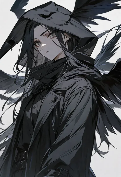 solo, handsome, 1 woman, long hair, black color hair, Gray eyes, black coat, black gloves, black plague Crow mask, Black hood, neutral expression