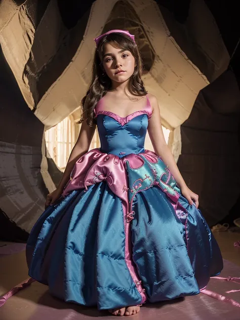 tween, young, 12-year-old, ((((((girl))))))  wearing girls, ((((satin party ball gown dresses)))) standing in a cave, floor length, strapless neckline,