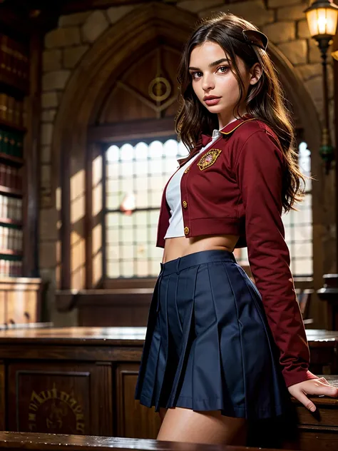 emily ratajkowski, hogwarts student uniform, gryffindorf, posing in magic workshop, looking at viewer, soft light passing throug...