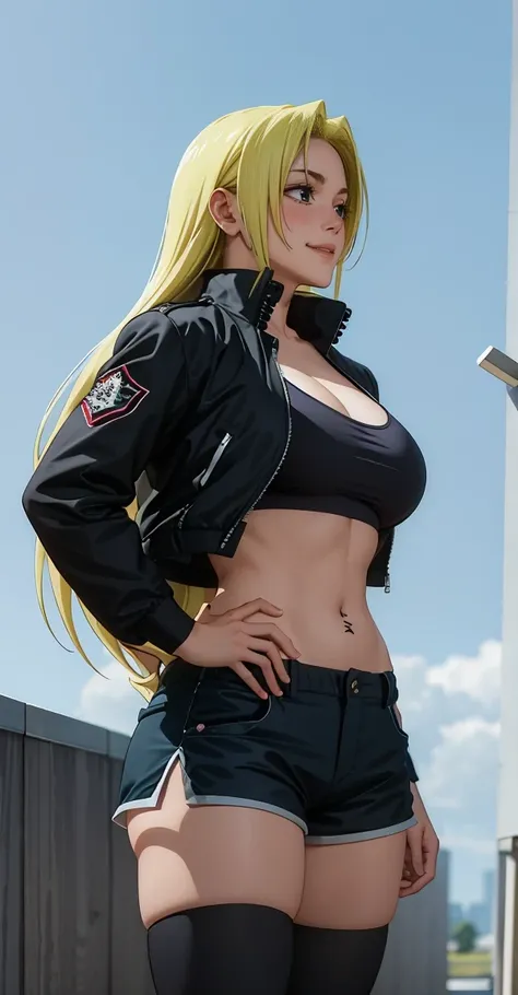 Yuki tsukumo from jujutsu kaisen, long hair, blonde hair, front view detailed body, long belly, big , tight body , large breast, thicc thighs, 1girl, photo_background, gym, shorts, long_hair, thighhighs, short_shorts, crossed_arms, navel, black_shorts, sol...