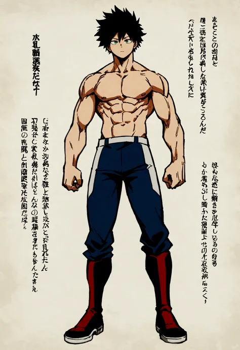 Caracter sheet, He is a 17 year old teenager, He has slightly disheveled very black hair..., somewhat light green eyes, (front angle ) , (full body), muscular body , He is dressed in the anime uniform. "my hero academia", without the shirt, just with pants...