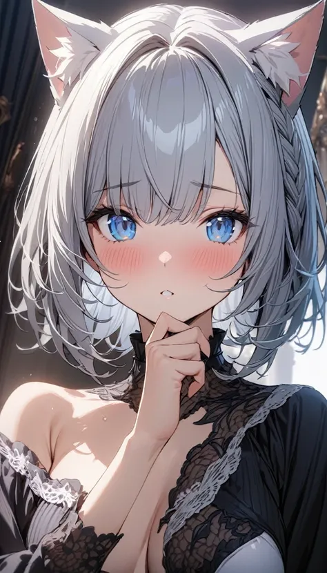 1girl、(((best quality)), ((masterpiece)), (details), masterpiece, best quality, high quality, ulutra detailed, perfect face, ((1girl, blue eyes, cat ears: 1.3 silver bob hair: 2.5,)) 、ﾆﾔﾆﾔ(◍¯∀¯◍)♡