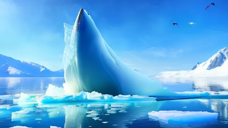 a giant flying whale, whale opening its mouth wide, polar bear on ice floe below, clear sky, ethereal, cinematic lighting, dramatic colors, hyperrealistic, 8k, extremely detailed, photorealistic, glowing ethereal whale, dramatic ice floes, cinematic compos...