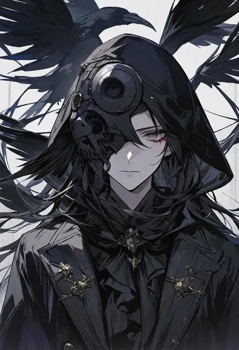 solo, handsome, 1 woman, long hair, black color hair, Gray eyes, black coat, black gloves, black plague Crow mask, Black hood, neutral expression