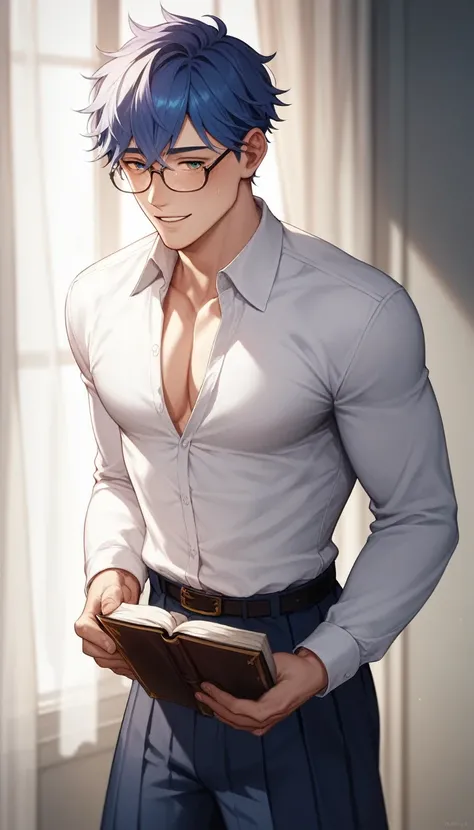 best quality, masterpiece, extremely detailed, handsome young man, skinny build, messy curtain bangs, thick-rimmed glasses, cute preppy college uniform, he hugs some books tightly to his chest, gay, homoerotic, romantic atmosphere, ambient lighting, extrem...