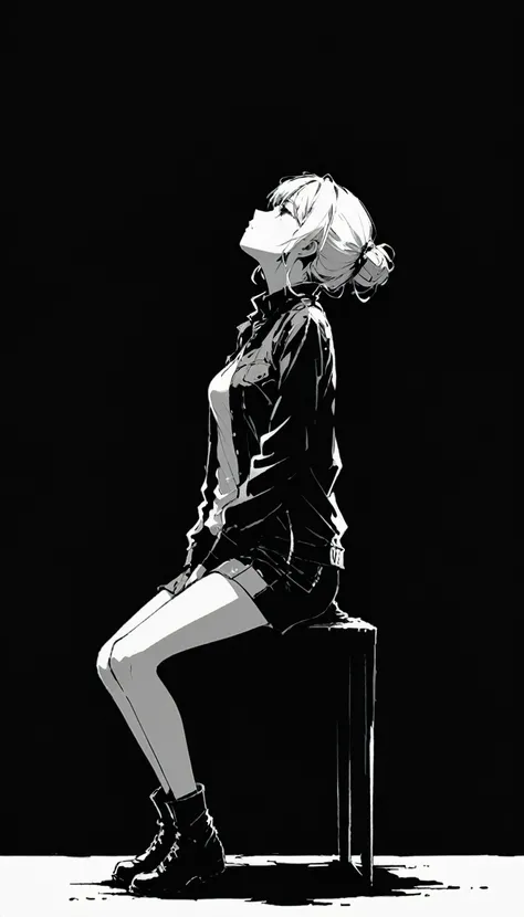 (Ashley Wood (Ashley Wood) style of:1.1), 
1 Girl,Spread your knees apart，Bring your feet together,？？？？？？？？？？？？？？？？？？?,large areas of white space,Black_background,minimalist background,sit,At the bottom of the screen,(look up:1.5),from the side,comics,