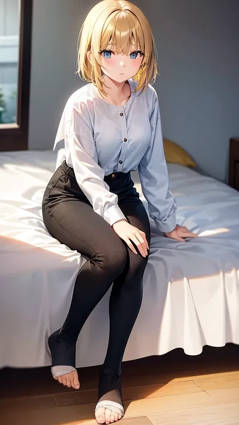 A 18 year old japnese girl, showing her , sitting on bed, wearing white shirt and black pants, shining light yellow hairs.