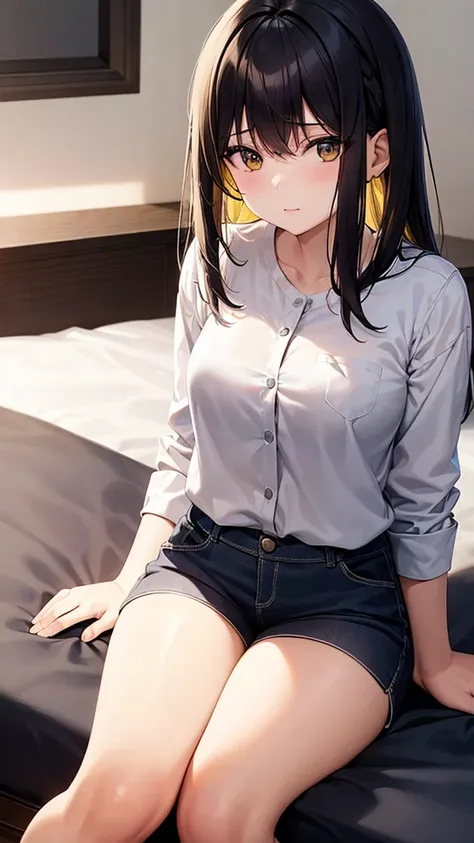 A 18 year old japnese girl, showing her , sitting on bed, wearing white shirt and black pants, shining light yellow hairs.