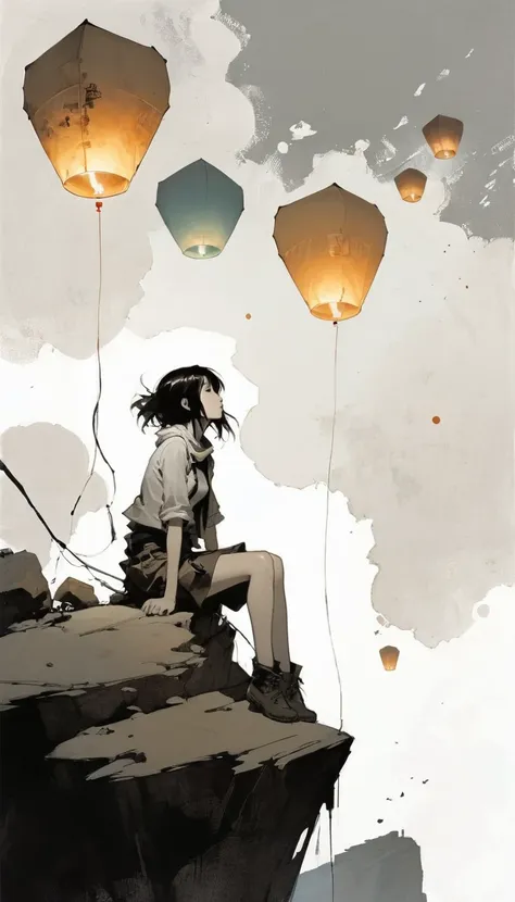 (ashley wood (ashley wood) style of:1.1), 
girl on the cliff 1,spread your knees apart，bring your feet together,?,large areas of...