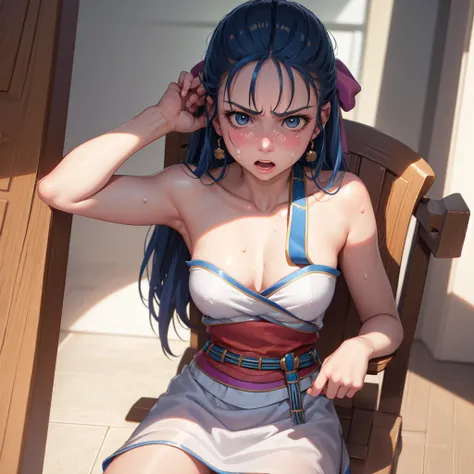 Nera、Hair Ribbon、Earrings、chest、Sash、（Highest quality、masterpiece、RAW Photos、Super detailed:1.2）、girl、1 person, 小さなchest, Sitting, Upper Body, Leg spread, Turn your body forward, hot, Sweating a lot, Wipe away sweat, looking at the camera, Ocean,Sitting on...