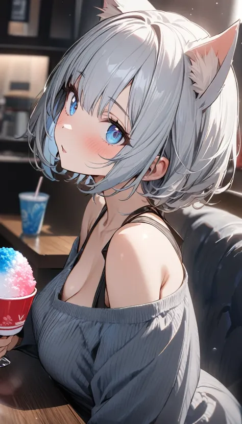 1girl、chibi、(((best quality)), ((masterpiece)), (details), masterpiece, best quality, high quality, ulutra detailed, perfect face, ((1girl, Blue eyes, cat ears: 1.3 silver bob hair: 2.5,)) 、Eat a shaved ice bigger than yourself、Sparkling effect、Heart effec...