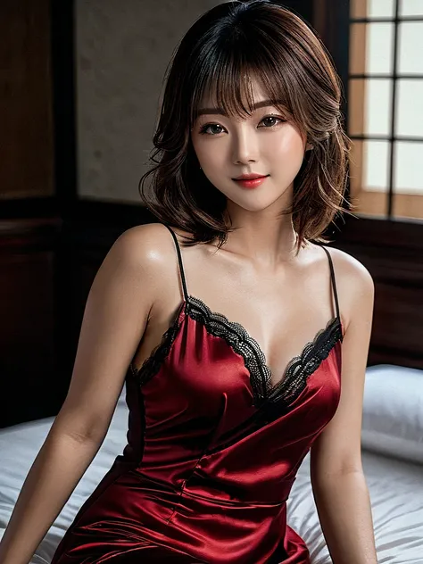 masterpiece, 1 woman per 1photo, full body shot, front view, a Japanese young pretty woman, hyper pretty face, 18 years old, shoulder length hair, sitting on a silk bed with a smile, wearing only a sleeveless silky satin deep red chemise with black laces, ...