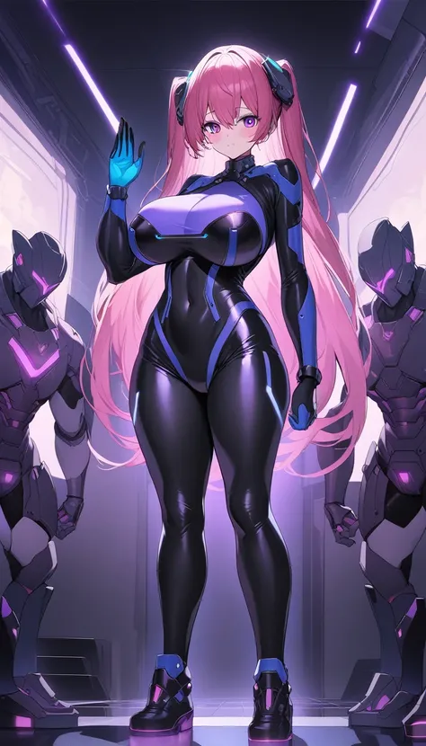 最high quality、Best image quality、masterpiece、Hatsune Miku Vocaloid、Big breasted android girl((18-year-old、red, Glowing black and blue cyber suit、brainwashing,Combatant, Hollow Eyes,((Purple glowing eyes 1.5)), Huge breasts , Expressionless, Emotions are re...