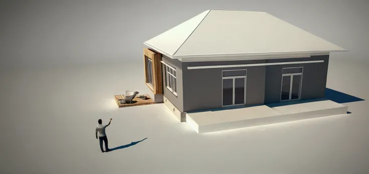 a rendering of a small house with a man standing in front of it, complete house, front perspective, perspective view, frontview, sketch - up, front-view, rendered 3d model, realistic concept, front view dramatic, concept house, front view, architectural co...