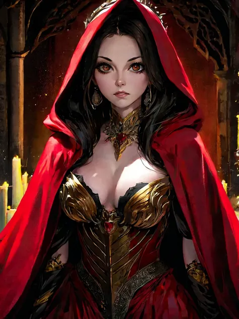 a poster of a woman in a red cloak and a red cape, poster art by Jorge Jacinto, Artstation, gothic art, goddess of death, queen of death, saturno butto. occult art, tarot card goddess of death, martin ansin, persephone as goddess of death, in style of dark...