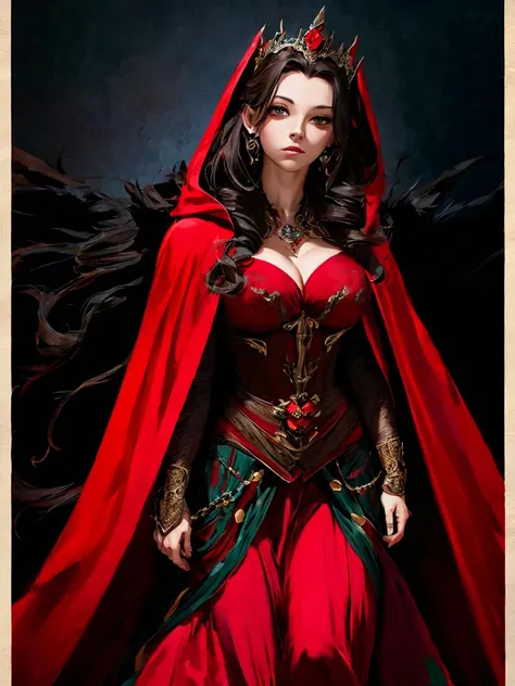 a poster of a woman in a red cloak and a red cape, poster art by Jorge Jacinto, Artstation, gothic art, goddess of death, queen of death, saturno butto. occult art, tarot card goddess of death, martin ansin, persephone as goddess of death, in style of dark...