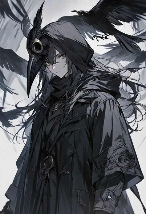 solo, handsome, 1 woman, long hair, black color hair, Gray eyes, black coat, black gloves, Holding the  black plague Crow mask in hand, Black hood, neutral expression