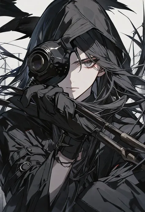 solo, handsome, 1 woman, long hair, black color hair, Gray eyes, black coat, black gloves, Holding the  black plague Crow mask in hand, Black hood, neutral expression