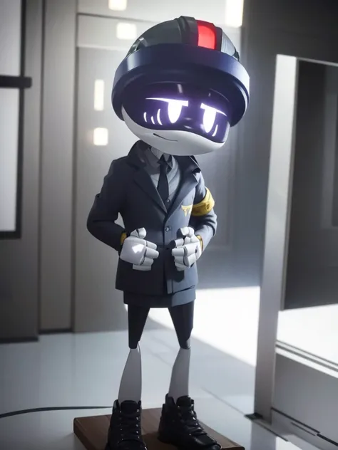 male, murder drone, prototype infiltrator drone, wearing modified formal jacket and helmet, no hair, white x eyes, standing at a...