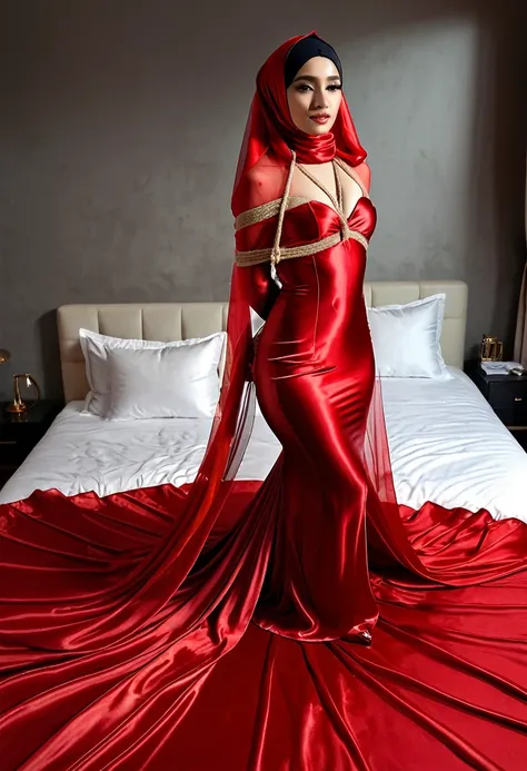 a woman in the translucent red silk gown, full body,wear hijab,wear translucent veil ,brest expose, half neked, tiead in satin rope, tied tight,mermaid tight long gown, flowy dramatic long gown, double long satin train ( 4 meter long ),satib bed,red satin ...