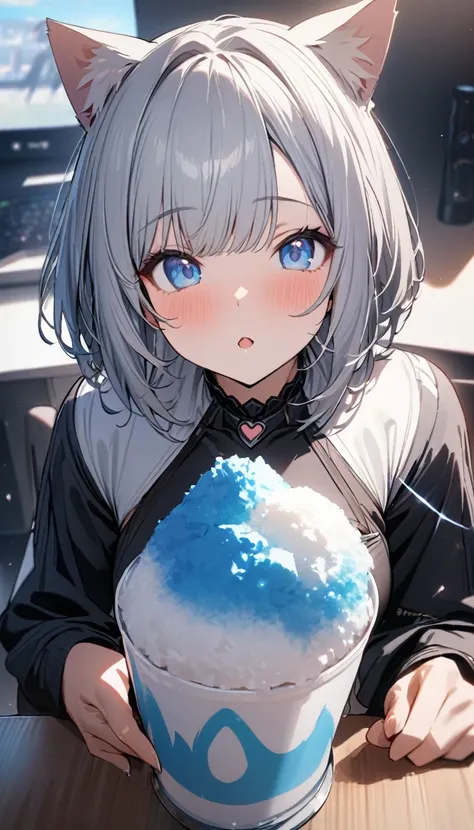 1girl、chibi、(((best quality)), ((masterpiece)), (details), masterpiece, best quality, high quality, ulutra detailed, perfect face, ((1girl, Blue eyes, cat ears: 1.3 silver bob hair: 2.5,)) 、Eat a shaved ice bigger than yourself、Sparkling effect、Heart effec...