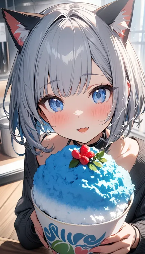 1girl、chibi、(((best quality)), ((masterpiece)), (details), masterpiece, best quality, high quality, ulutra detailed, perfect face, ((1girl, Blue eyes, cat ears: 1.3 silver bob hair: 2.5,)) 、Eat a shaved ice bigger than yourself、Sparkling effect、Heart effec...