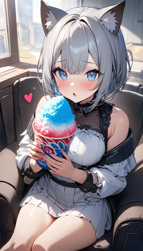 1girl、chibi、(((best quality)), ((masterpiece)), (details), masterpiece, best quality, high quality, ulutra detailed, perfect face, ((1girl, Blue eyes, cat ears: 1.3 silver bob hair: 2.5,)) 、Eat a shaved ice bigger than yourself、Sparkling effect、Heart effec...