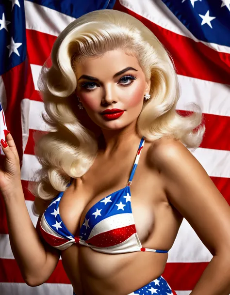 Jayne Mansfield, 25 years old, wearing a patriotic Trump bikini, waving an American flag, 50s style, MAGA poster in the background, detailed portrait, hyper realistic, cinematic lighting, dramatic pose, vibrant colors, sharp focus, photorealistic, masterpi...