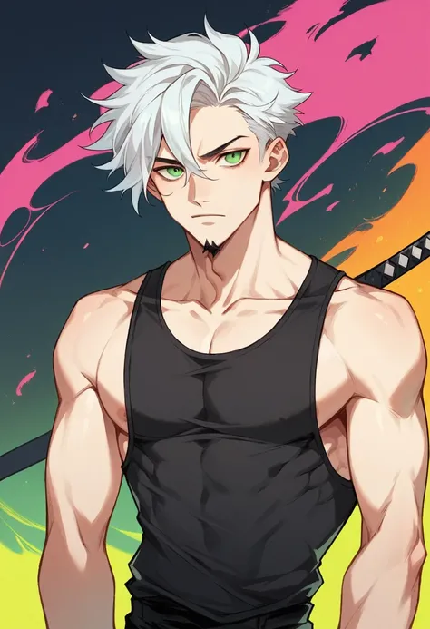 1 men, bonitas, spiky white hair, vibrant green eyes, ripped slim , アニメ, 19yearsold, 19 years, a small goatee, double katana, Tank top, black parts