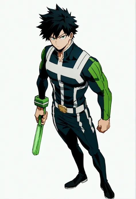  He is a 17 year old teenager, He has slightly disheveled very black hair..., somewhat light green eyes, (front angle ) , (full body), muscular body , He is dressed in the anime uniform. "my hero academia", Green power handle 