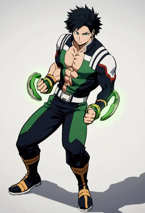  He is a 17 year old teenager, He has slightly disheveled very black hair..., somewhat light green eyes, (front angle ) , (full body), muscular body , He is dressed in the anime uniform. "my hero academia", Green power handle 