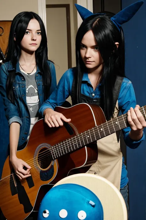 Mordecai from one more show and Marceline from adventure time playing guitar 