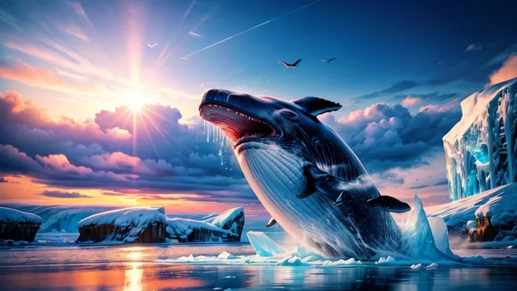 a giant flying whale, whale opening its mouth wide, over the ice floe, clear sky, ethereal, cinematic lighting, dramatic colors, hyperrealistic, 8k, extremely detailed, photorealistic, glowing ethereal whale, dramatic ice floes, cinematic composition, vibr...