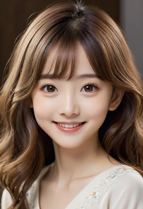 ((Highest quality, 8k, masterpiece :1.3)),,6 years old,Women,Japanese,A kind smile,(Brown Hair:1.2),Loose wavy hair,(Droopy eyes:1.2),(Beautifully detailed round eyes:1.2),rather thin lips