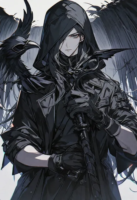 solo, handsome, 1 woman, long hair, black color hair, Gray eyes, black coat, black gloves, Holding the  black plague Crow mask in hand, Black hood, neutral expression