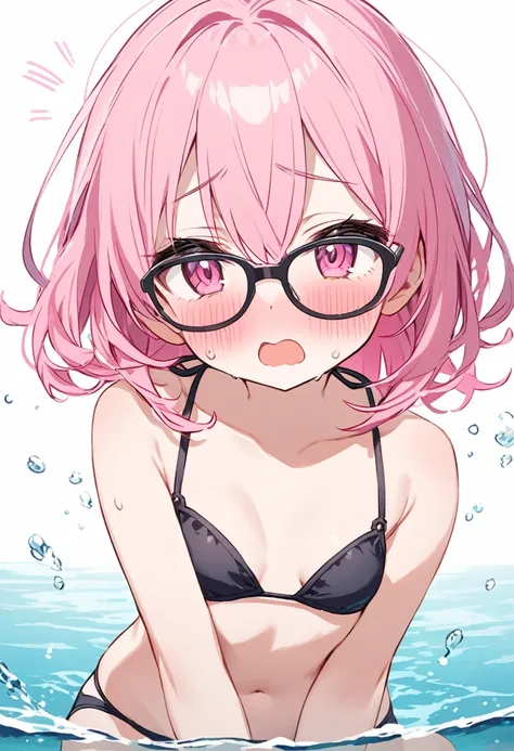 pink hair black glasses pink eyes extremely blushing she has very small breasts she wears a bikini she is a reserved girl who is in the sea