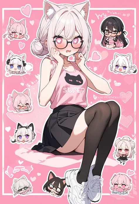 I have white pink hair, cat ears, a bun, my face is super blushing, black glasses, pink heart eyes, a large pink tank top, a black skirt, black stockings, white shoes, a cat&#39;s tail. a very shy girl who is taking off her stockings 