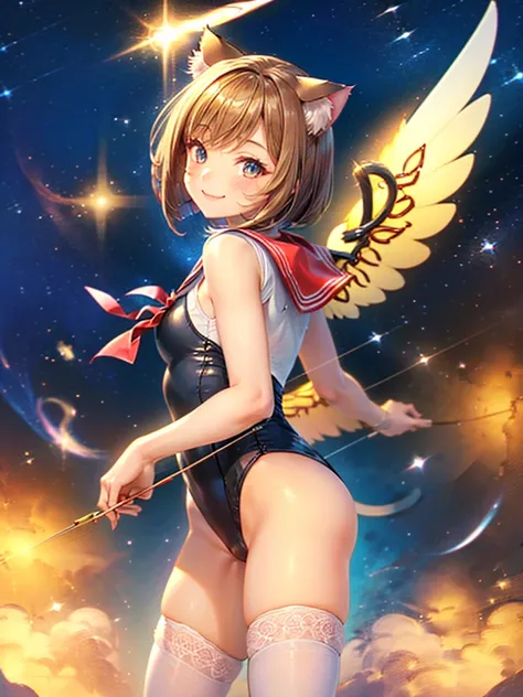 Highest quality,Highest Resolution,Masterpiece,(((A beautiful girl in a sailor leotard with a smile on her face))),High leg,Frills,White knee-high stockings,,Red tie,(((Cat ear))),(((Halation))),Brown hair short bob,(((archery))),White angel wings on the b...