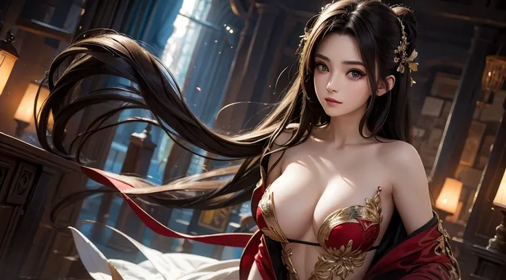 Immerse yourself in the world of game art with this visually diverse and creative half-length photo of a 20-year-old girl, featuring a close-up of her detailed eyes and large breasts.