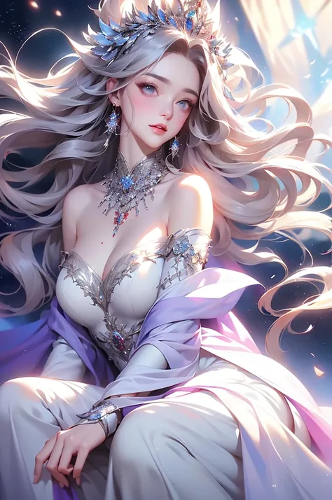 (masterpiece:1.5, Highest quality, Very detailed、 Dutch Angle、Semi-realistic、Fantasy)(One Girl, alone)(White and beautiful hair:1.4,,Straight Long Hair)(White based dress、Fantasyの衣装)、((Off the shoulder、Mid-chest、ruby ​​necklace))(Beautiful cleavage、Legs wr...