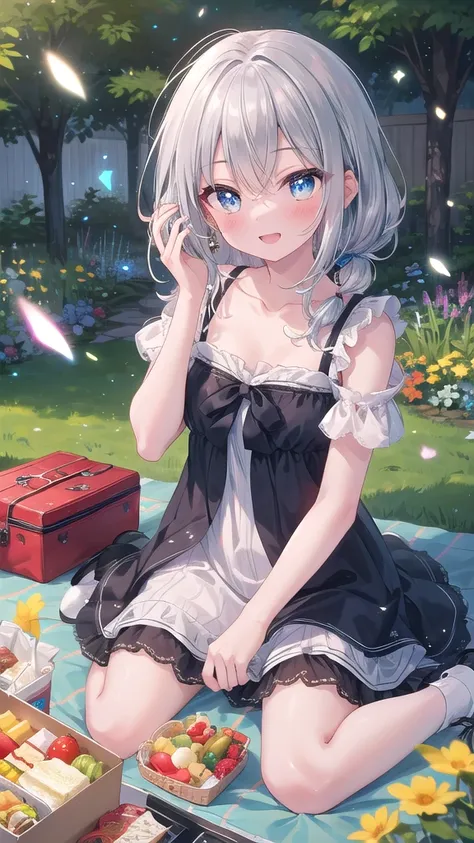 (8k, best quality, master piece: 1.2),super high resolution,1 girl, 独奏, colorshift eyes, hyperdetailed, expressive eyes, ultra-detailed face, Girly Dress、Random hairstyle、silver gay hair, garden, sunshain, Collarbone, Ecstatic expression,wariza, Dazzling p...