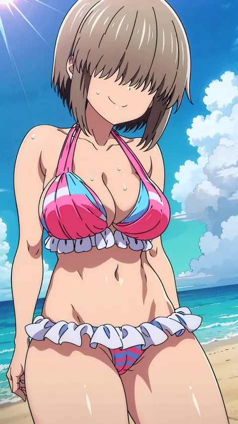 1girl, solo, smile, yanagi, short hair, bangs, grey hair, hair over eyes, side lock, long bangs, covered eyes, large breasts, looking at viewer, outdoors,(striped bikini), ,looking at the viewer, blue theme, blue background, cloudy sky, sunlight, sweat, or...